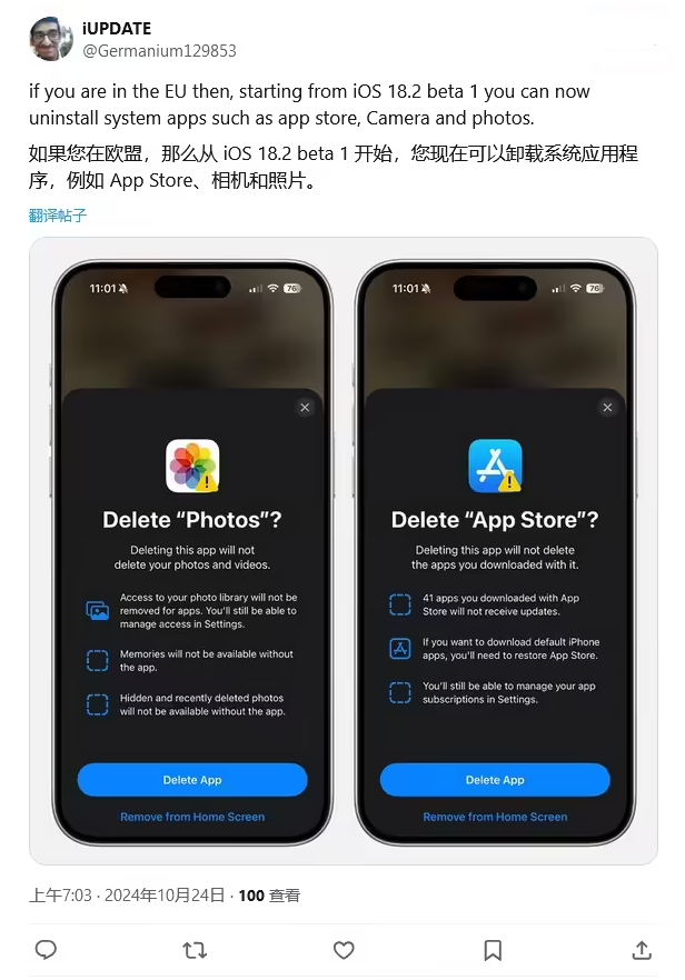 兴宁苹果手机维修分享iOS 18.2 支持删除 App Store 应用商店 